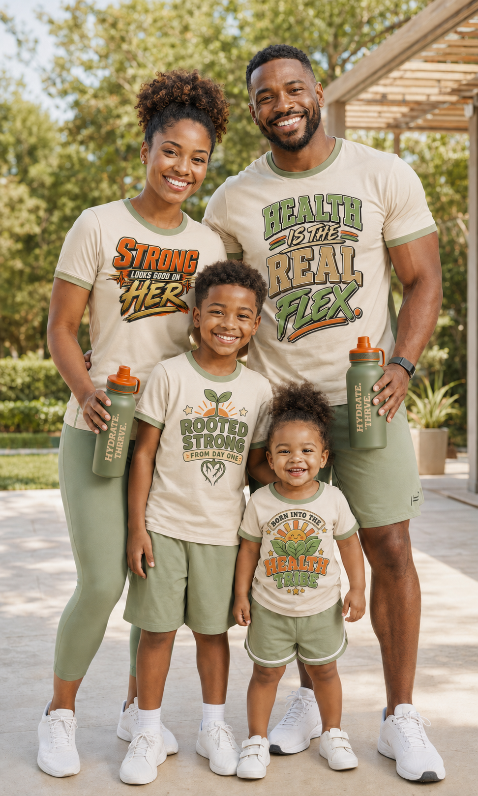 Health Tribe family wearing coordinated wellness shirts and holding branded water bottles