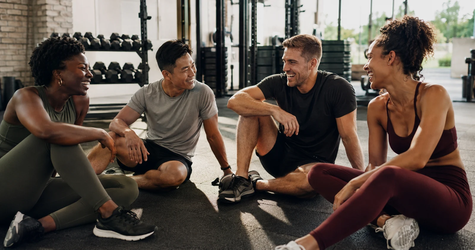Diverse athletes sharing a post-workout moment
