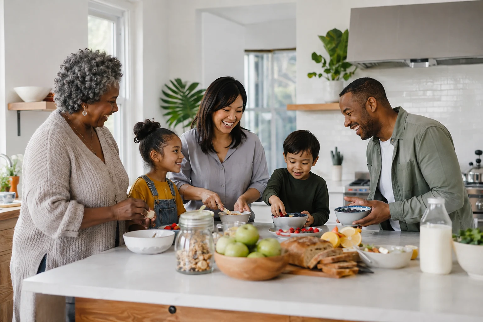 Diverse multigenerational family preparing a healthy breakfast together