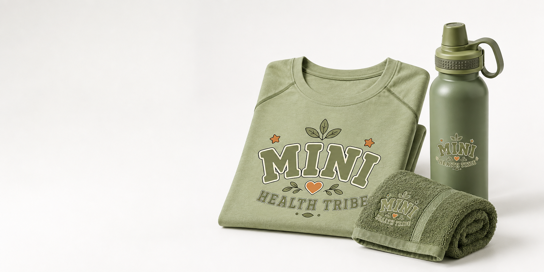 Hyper-realistic sage Health Tribe shirt, towel, and water bottle merchandise mockup